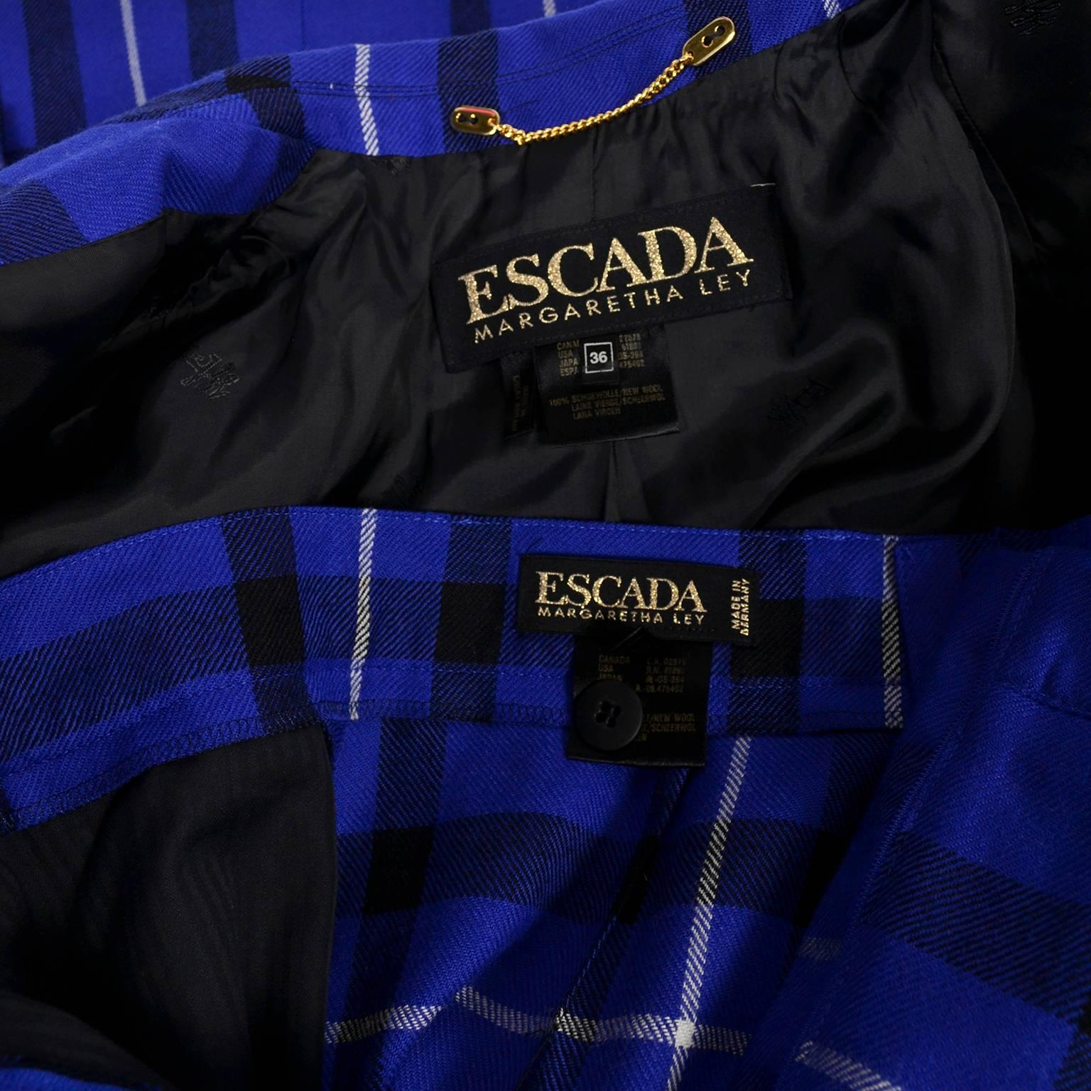 Escada Pantsuit in Blue Plaid Wool w/ Trousers & Blazer Jacket by Margaretha Ley 4