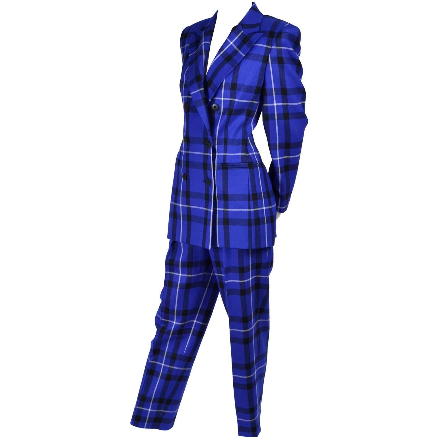 Escada Pantsuit in Blue Plaid Wool w/ Trousers & Blazer Jacket by Margaretha Ley