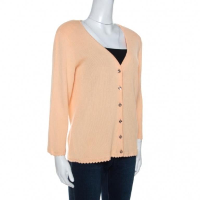 Escada Pfirsichfarbene Strickjacke mit gerippten Schultern und Knopfleiste vorne, M im Angebot 1