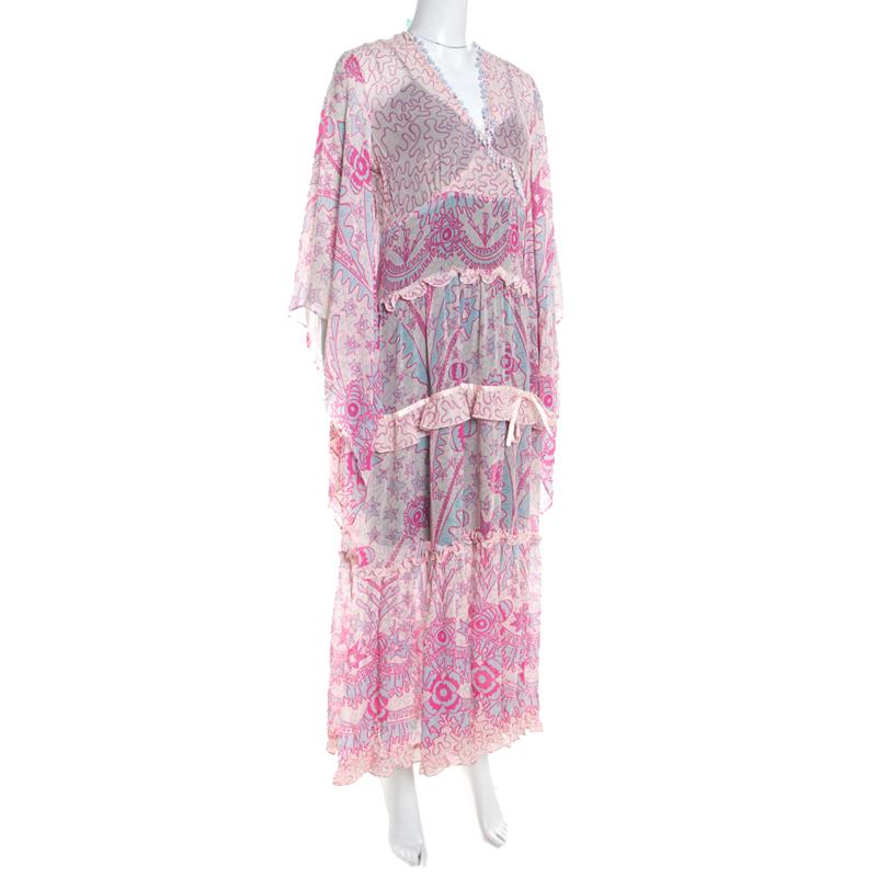 Escada Pink Abstract Print Crepe Silk Bead Embellished Kleid Maxi Dress M Gris