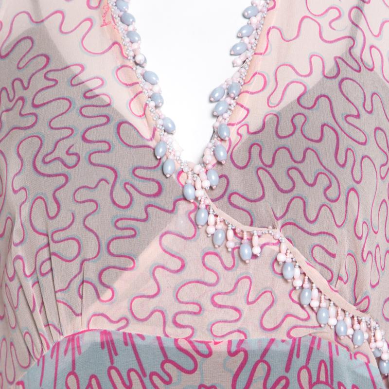 Escada Pink Abstract Print Crepe Silk Bead Embellished Kleid Maxi Dress M In Good Condition In Dubai, Al Qouz 2