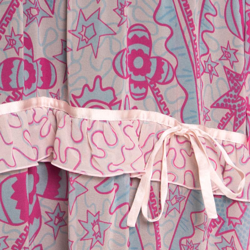 Women's Escada Pink Abstract Print Crepe Silk Bead Embellished Kleid Maxi Dress M