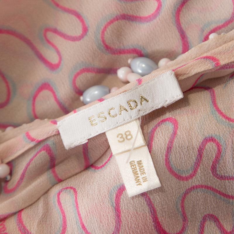 Escada Pink Abstract Print Crepe Silk Bead Embellished Kleid Maxi Dress M 2