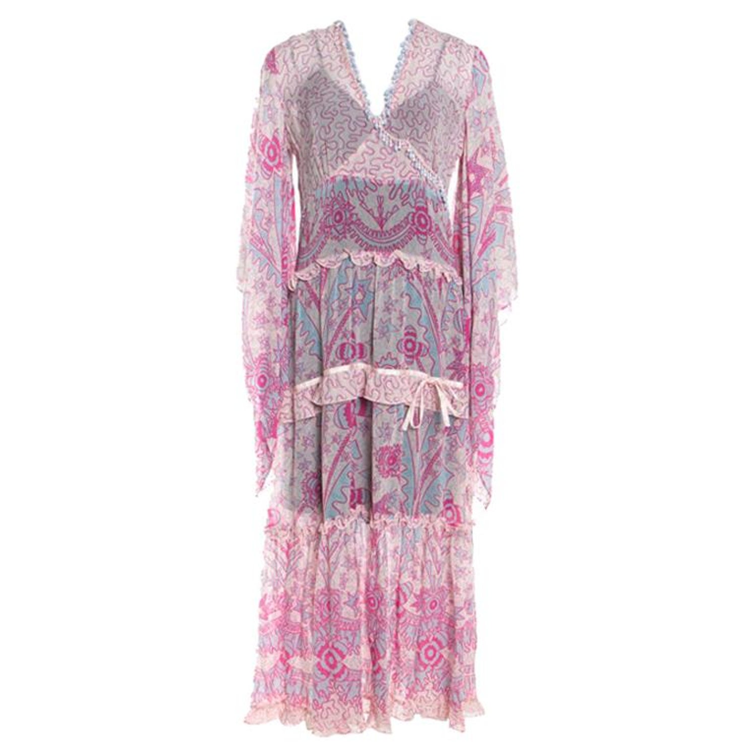 Escada Pink Abstract Print Crepe Silk Bead Embellished Kleid Maxi Dress M  For Sale at 1stDibs