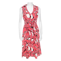 Escada Pink and White Abstract Print Silk Sleeveless Tie Up Dress M