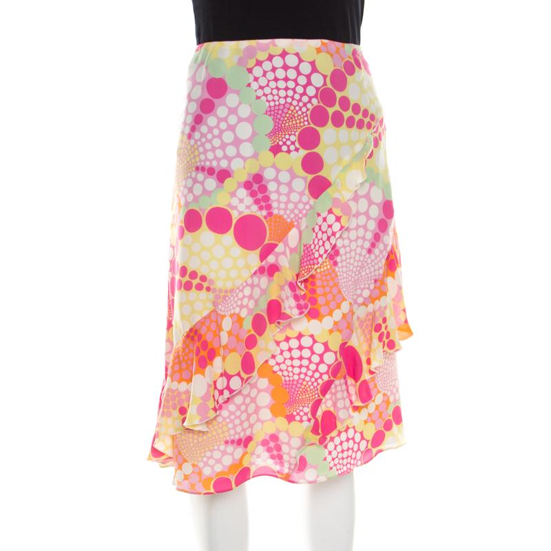 Escada Pink Circle Printed Silk Ruffled A Line Skirt L In Excellent Condition In Dubai, Al Qouz 2