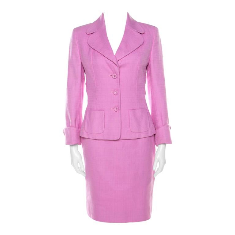 Escada Pink Cotton Basketweave Tailored Skirt Suit Set M