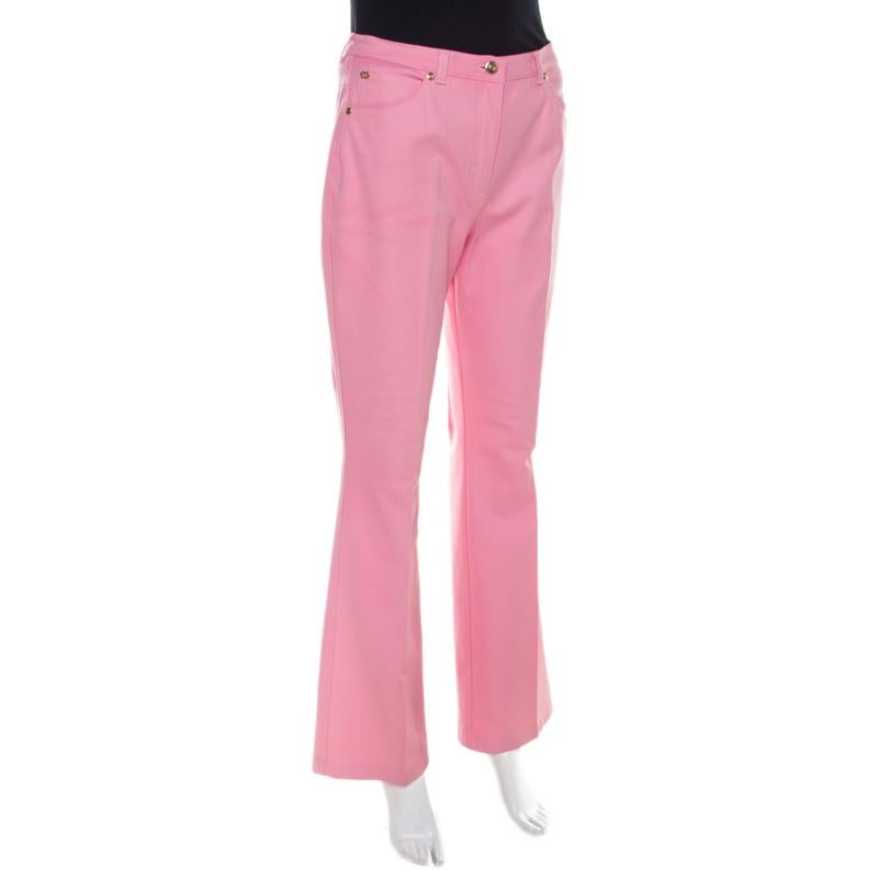 Escada Pink Cotton Twill Denim High Waist Flared Jeans M In Good Condition In Dubai, Al Qouz 2