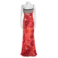Escada Pink Floral Print Silk Corset Bodice Flared Abendkleid Maxi Dress M
