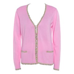 Escada Pink Knit Sequined Lace Trim Button Front Cardigan M