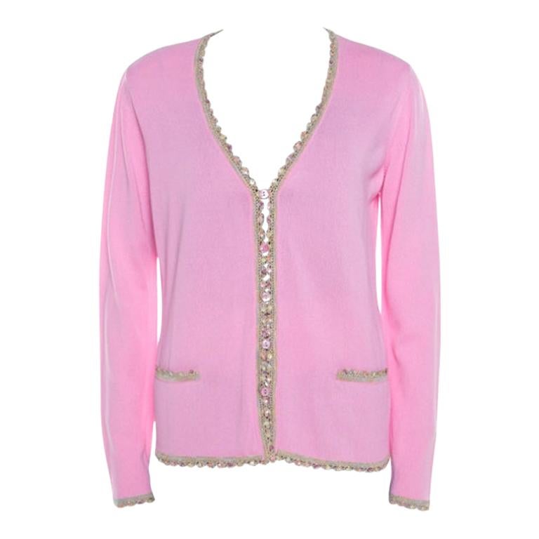 Escada Pink Knit Sequined Lace Trim Button Front Cardigan M
