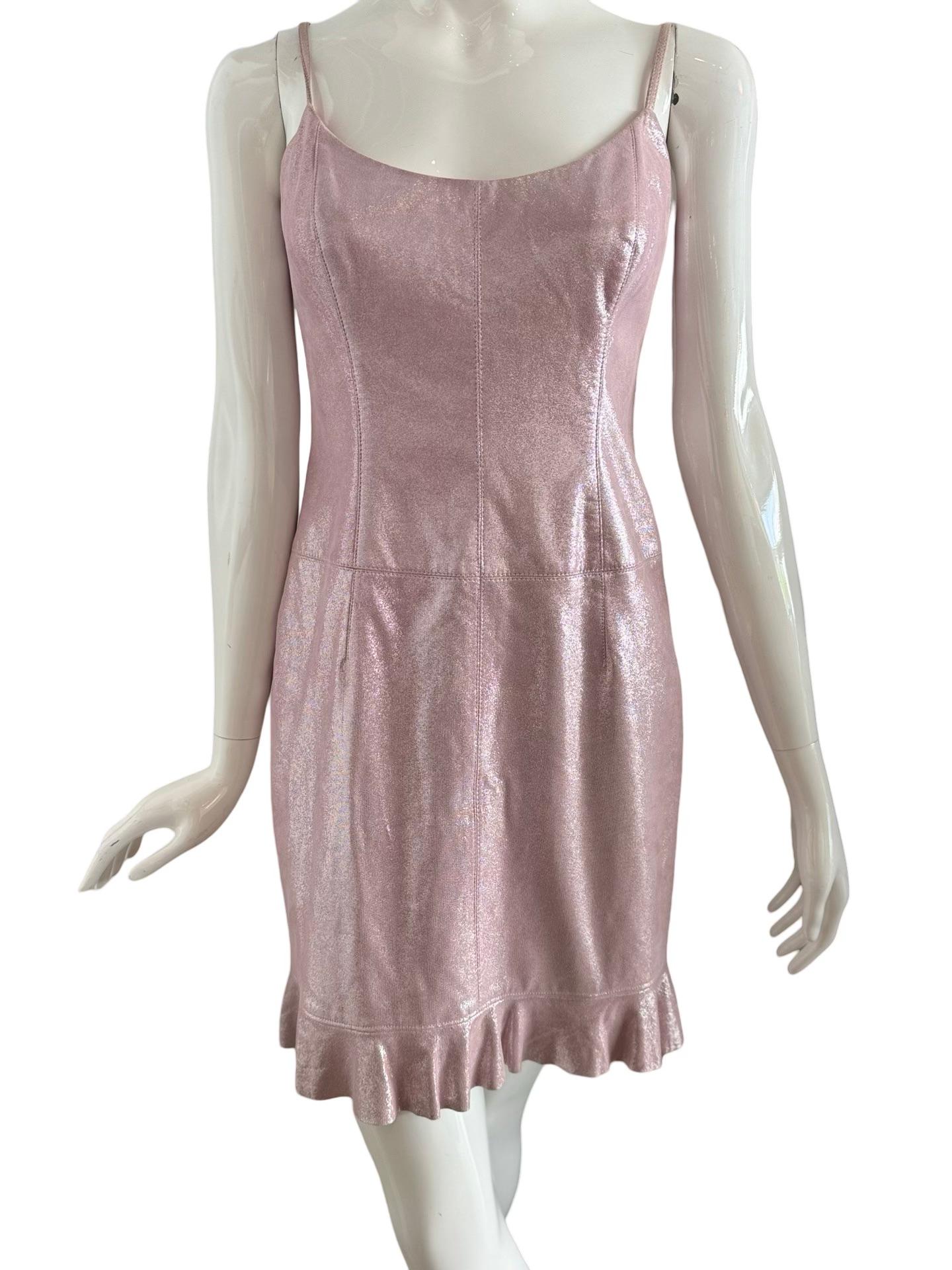Romy and Michele?? 90s Escada. This dress is so fun!  Soft goat suede leather done in a pink with metallic silver sheen.  Little ruffle at the bottom.  Excellent condition, only some slight discoloration around the side seams, possibly from rubbing