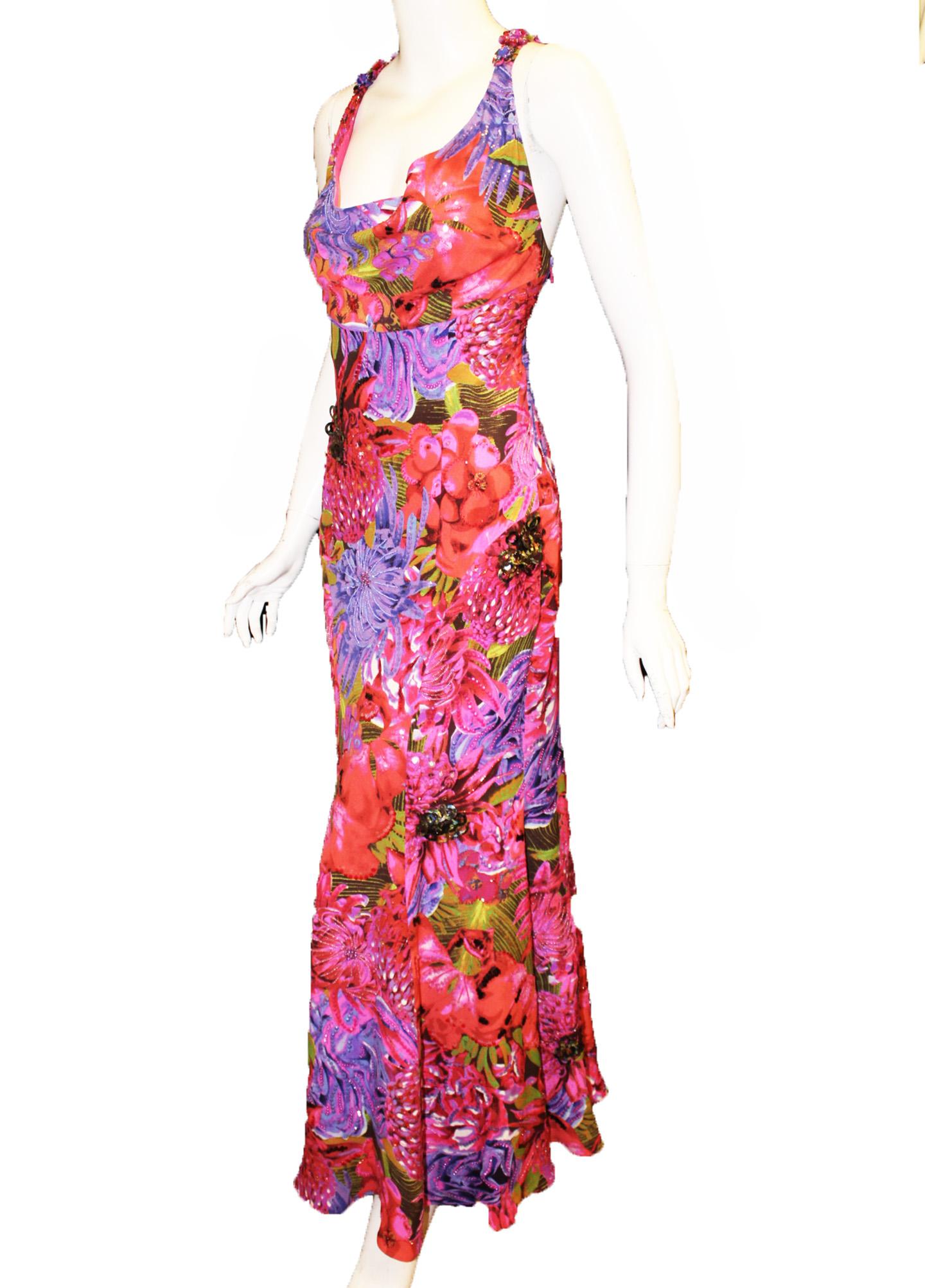 Escada Pink Multi Color Beaded Floral Halter Long Evening Dress In Excellent Condition In Palm Beach, FL