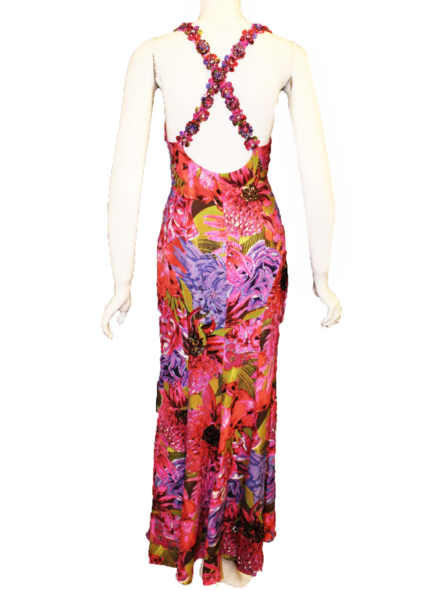 Women's Escada Pink Multi Color Beaded Floral Halter Long Evening Dress