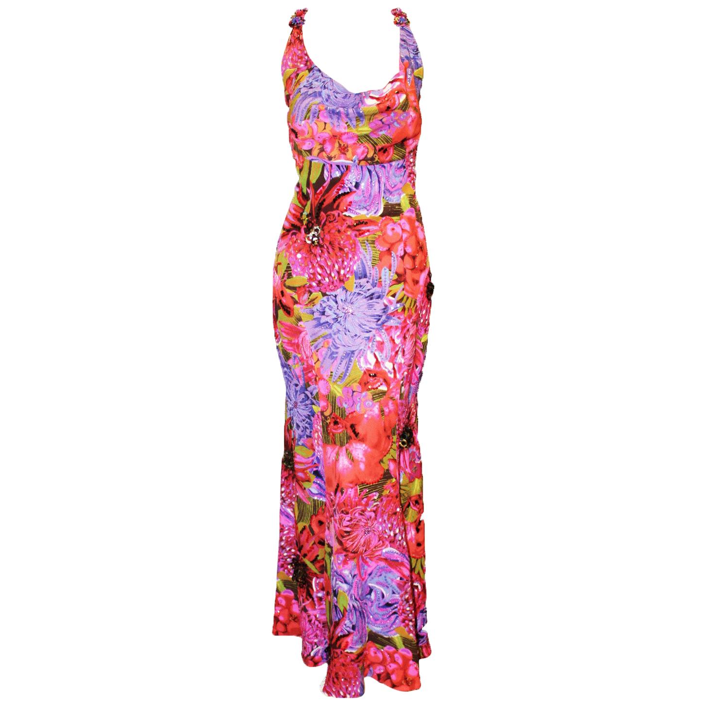 Escada Pink Multi Color Beaded Floral Halter Long Evening Dress