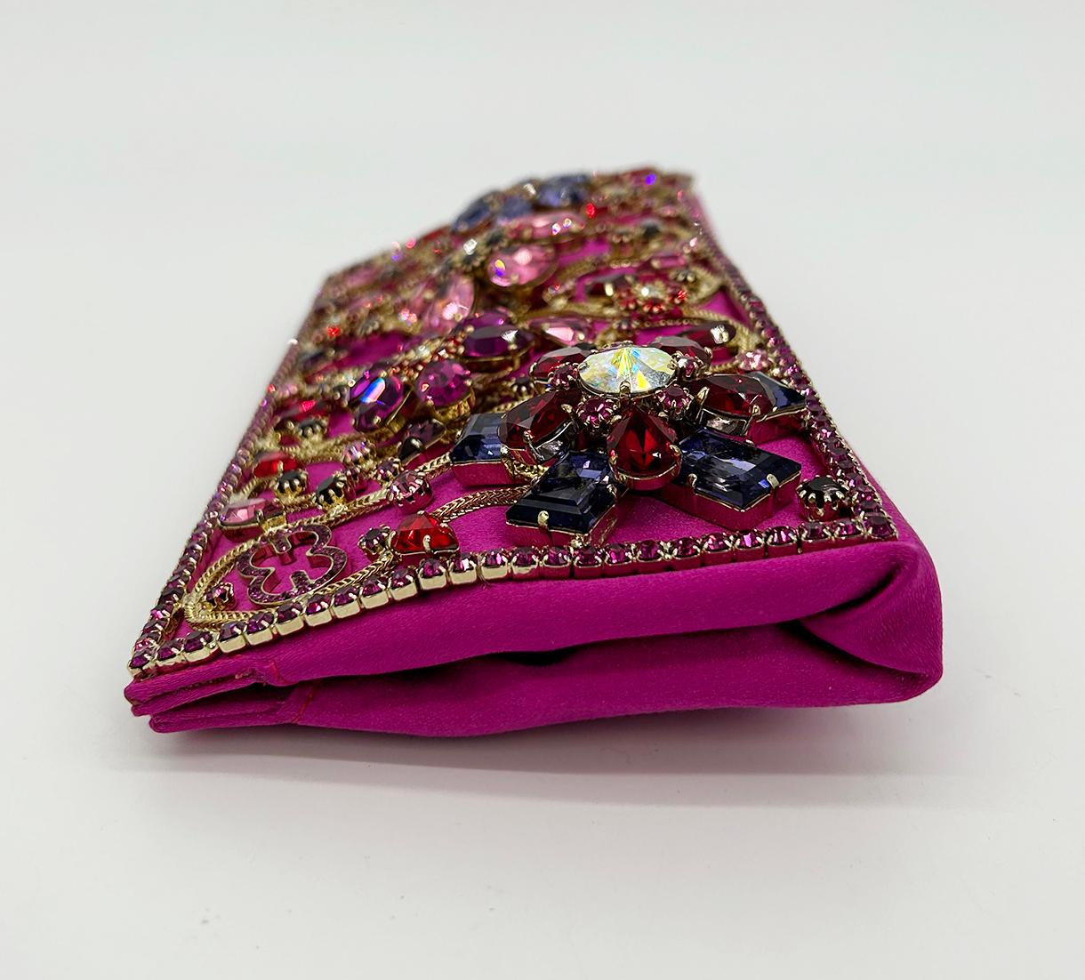 Escada Pink Silk Jeweled Rhinestone Pochette Clutch  For Sale 2