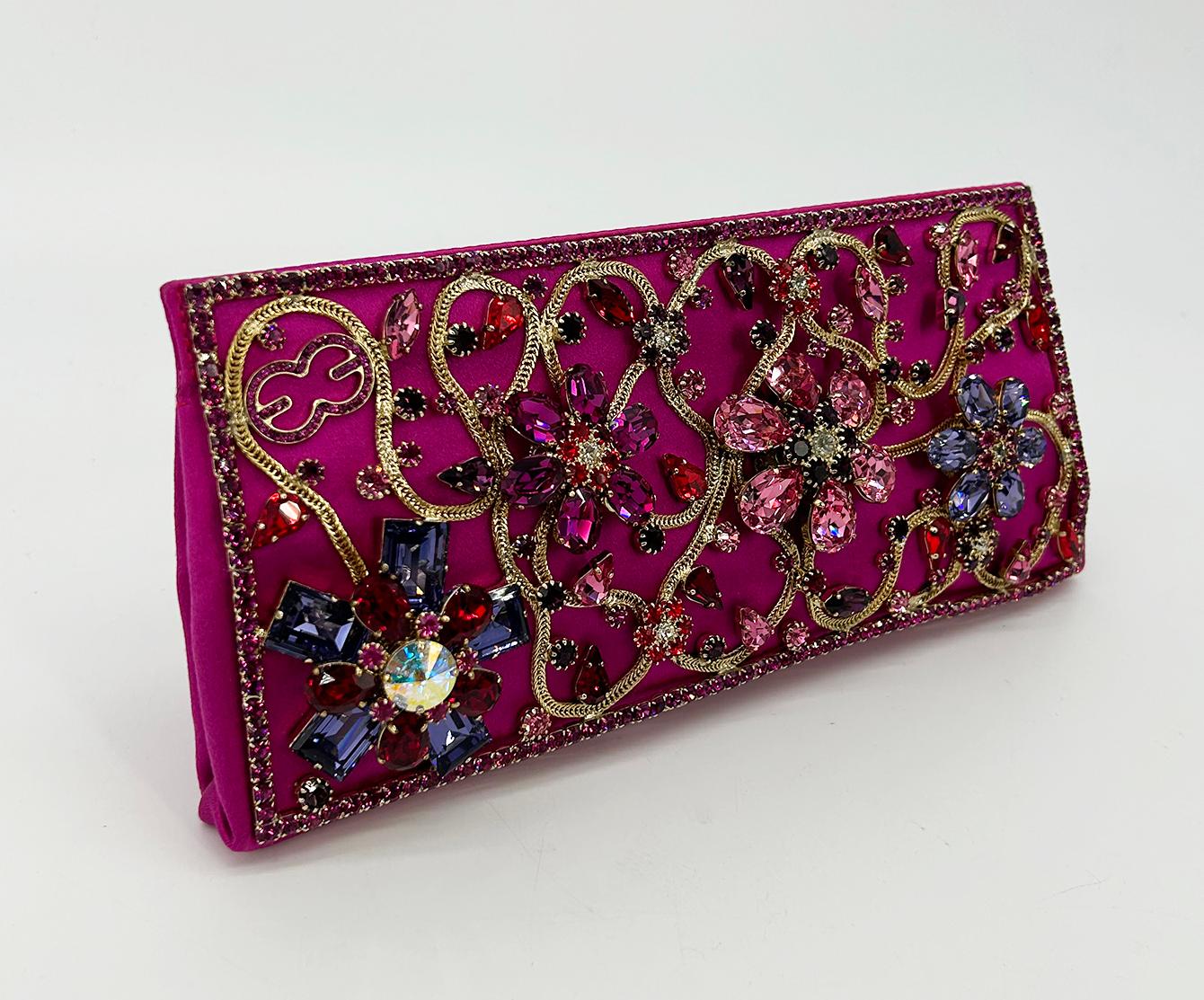 Escada Pink Silk Jeweled Rhinestone Pochette Clutch  For Sale 5