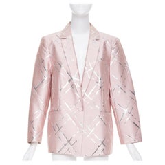 Blazer de ESCADA en rosa y plateado con lurex, diseño abstracto de rayas entrecruzadas y un solo botón, talla IT44 L