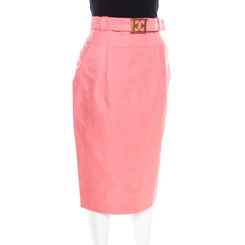 Escada Pink Slub Linen and Silk Logo Belt Detail High Waist Skirt M In New Condition In Dubai, Al Qouz 2