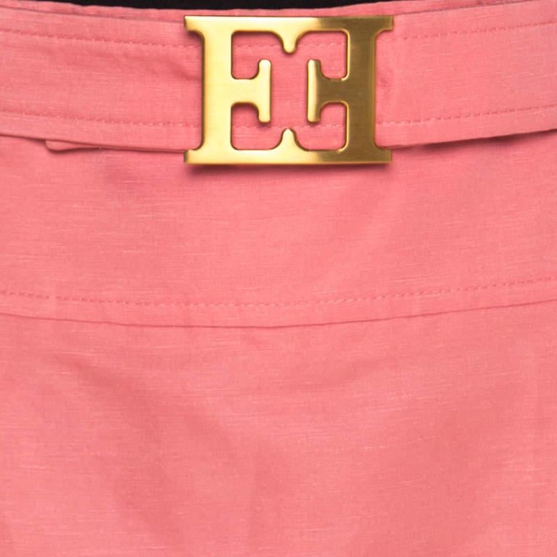 Women's Escada Pink Slub Linen and Silk Logo Belt Detail High Waist Skirt M