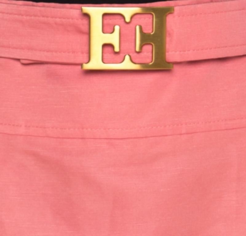 Escada - Gonna a vita alta in lino e seta con dettaglio cintura con logo in rosa M. I. in vendita 1