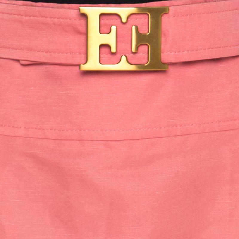 Escada Pink Slub Linen and Silk Logo Belt Detail High Waist Skirt M 2