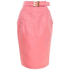 Escada Pink Slub Linen and Silk Logo Belt Detail High Waist Skirt M