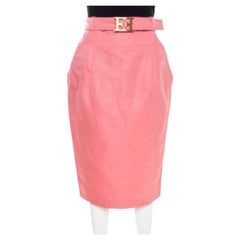 Escada Pink Slub Linen and Silk Logo Belt Detail High Waist Skirt M