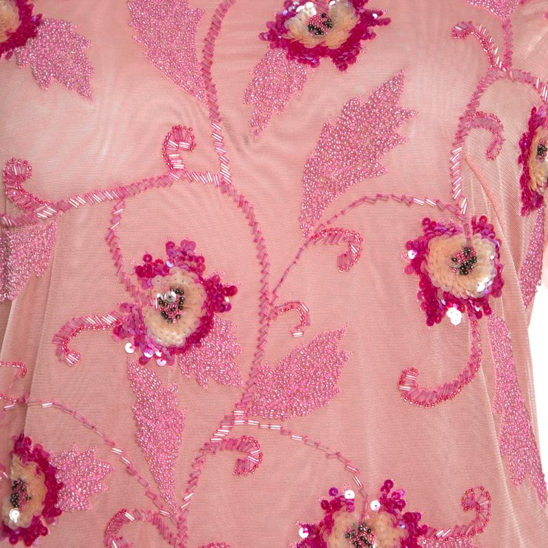 Escada Pink Tulle Overlay Floral Embellished Off Shoulder Blouse L 2