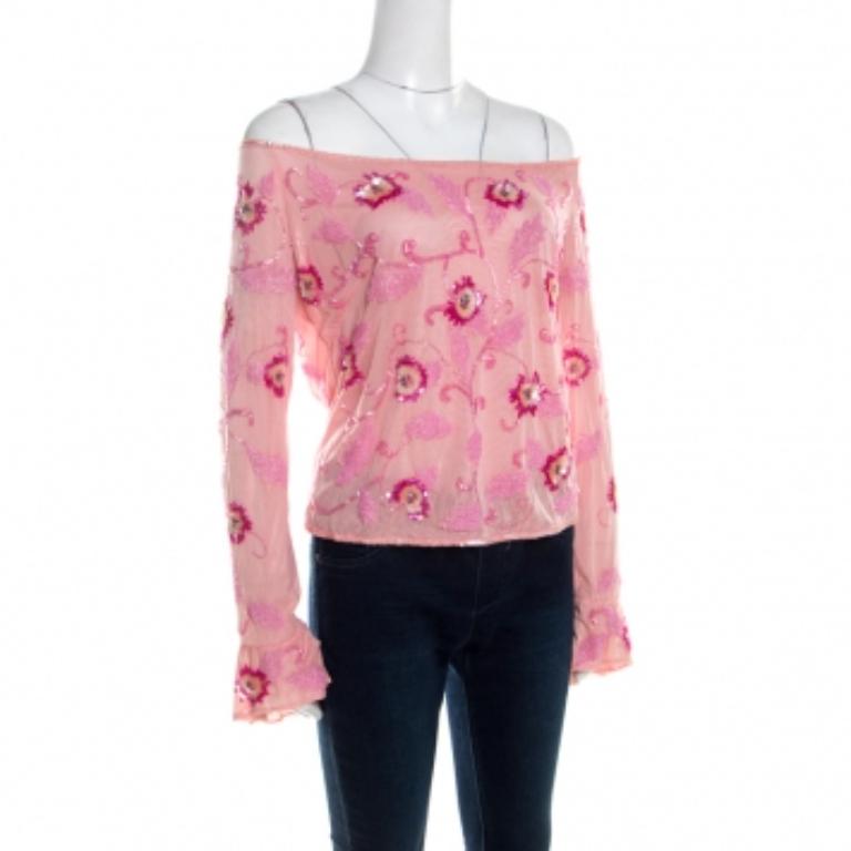 Escada Camicetta Off Shoulder con sovrapposizione di tulle rosa e decorazioni floreali L.L. in vendita 2