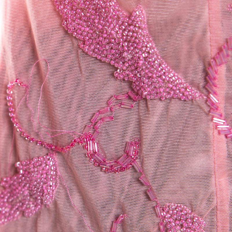 Escada Pink Tulle Overlay Floral Embellished Off Shoulder Blouse L 3