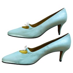 Escada pumps 90s Metallic Baby Blue/Gold and White Bow