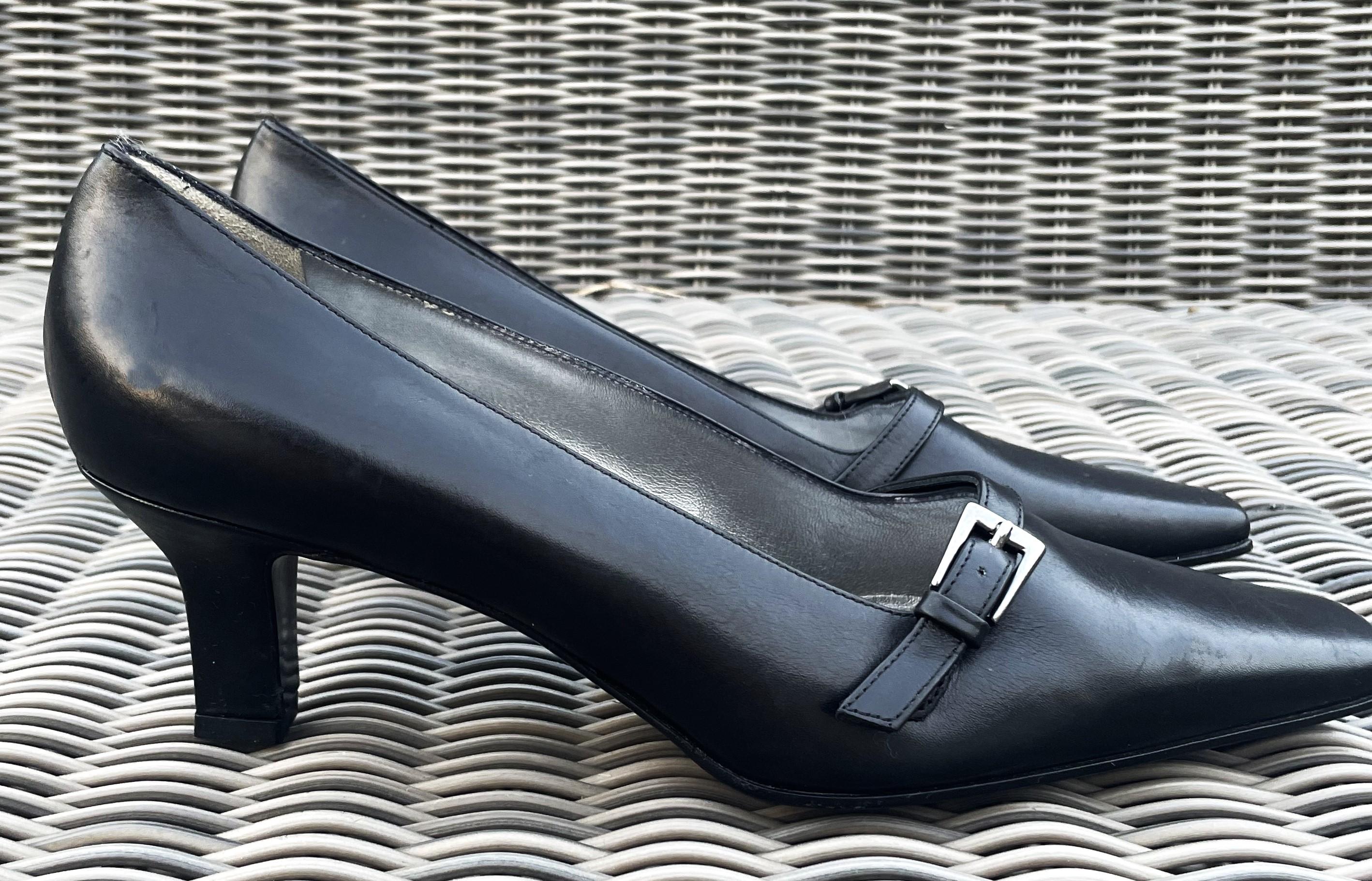 We love these stunning one-of-a kind classy black Escada pumps are timeless and versatile and versatile choice for pumps that can easily complement various outfits. In very good condition like new, because they were worn at a Escada show ones. Made