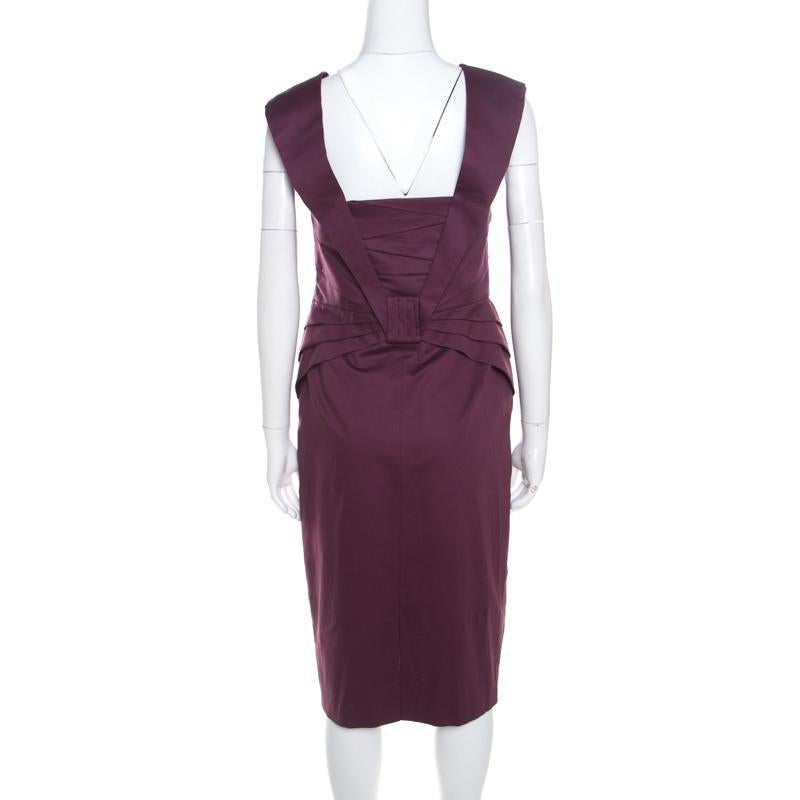 Black Escada Purple Cotton Stretch Pleated Bodice Detail Sleeveless Pencil Dress M
