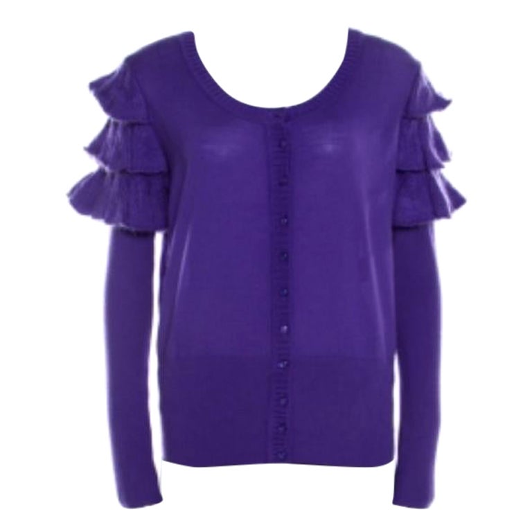 Escada Purple Mohair Wool Ruffle Tiered Detail Button Front Cardigan L