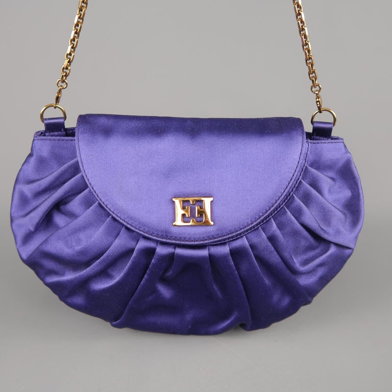 Escada Purple Pleated Silk Satin Gold Logo Evening Handbag For