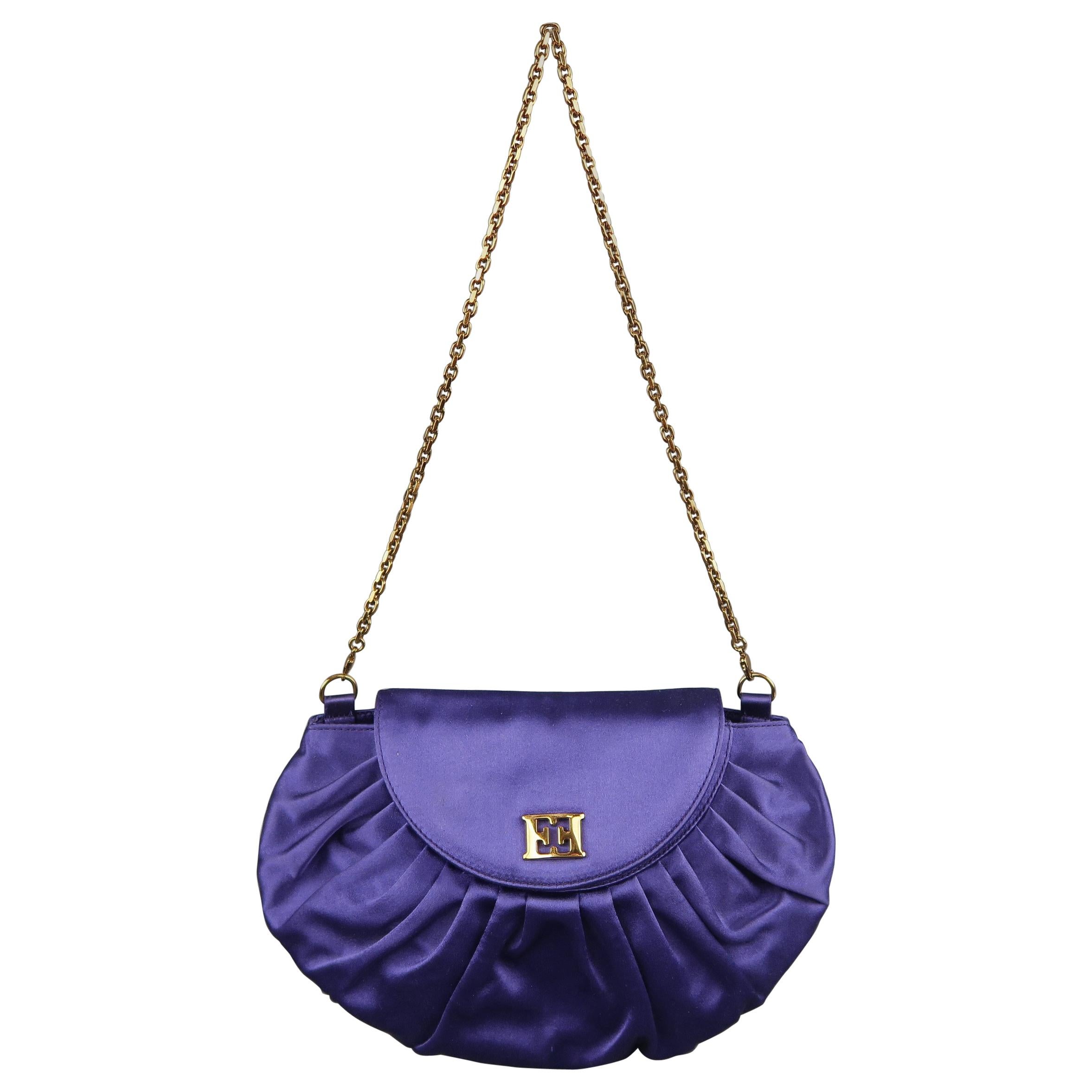 ESCADA Purple Pleated Silk Satin Gold Logo Evening Handbag