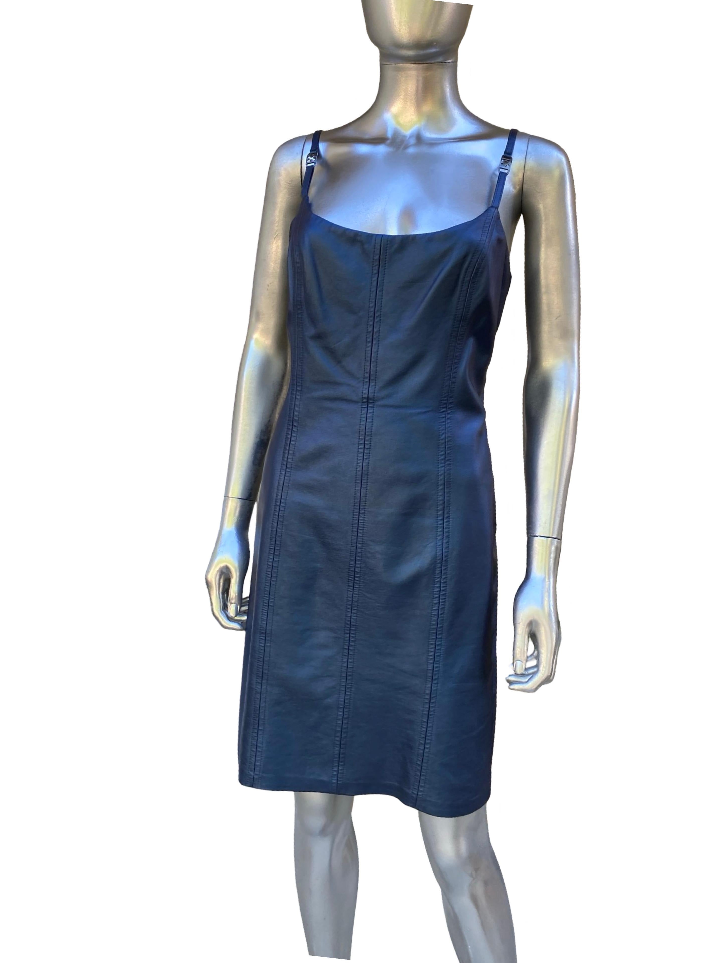Escada Rare Blue Metallic Leather Tank Dress and Jacket Ensemble Sz 8/38 In Good Condition For Sale In Palm Springs, CA