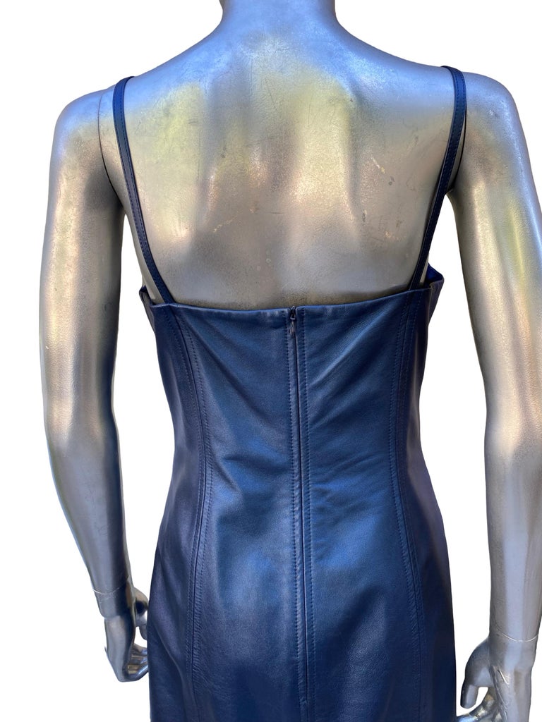Escada Rare Blue Metallic Leather Tank Dress And Jacket Ensemble Sz 8/38