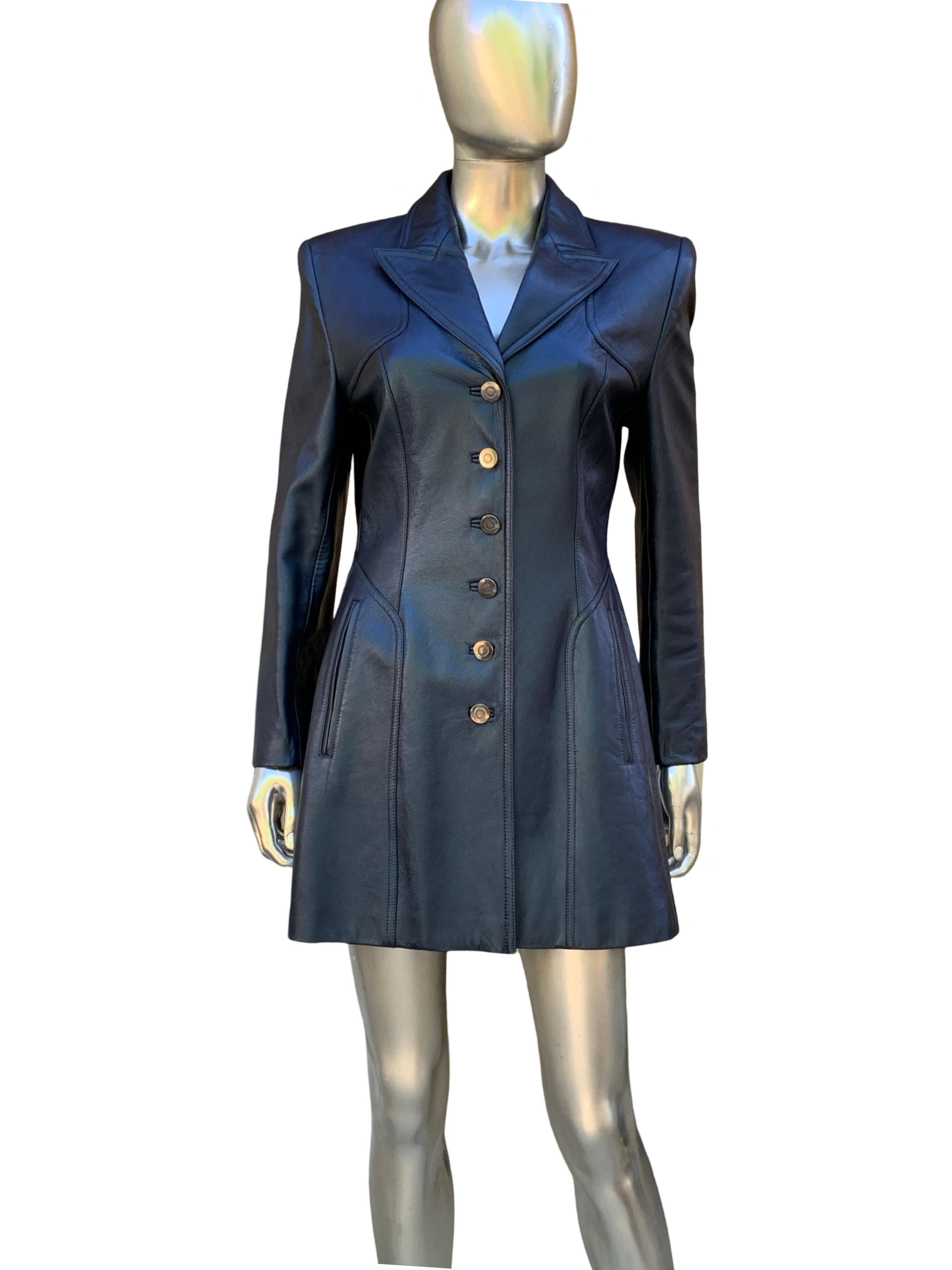 Escada Rare Blue Metallic Leather Tank Dress and Jacket Ensemble Sz 8/38 For Sale 8