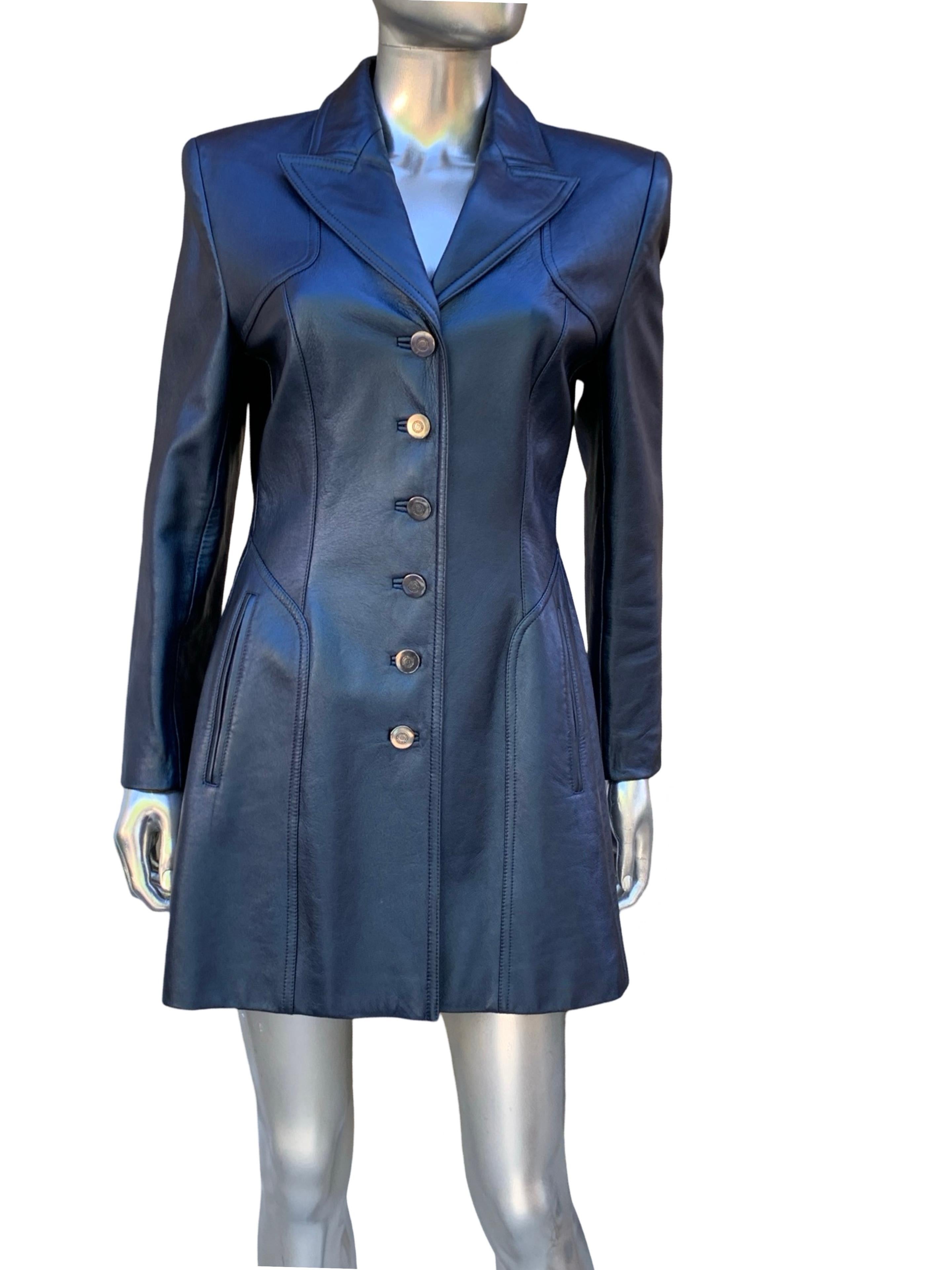 Escada Rare Blue Metallic Leather Tank Dress and Jacket Ensemble Sz 8/38 For Sale 11