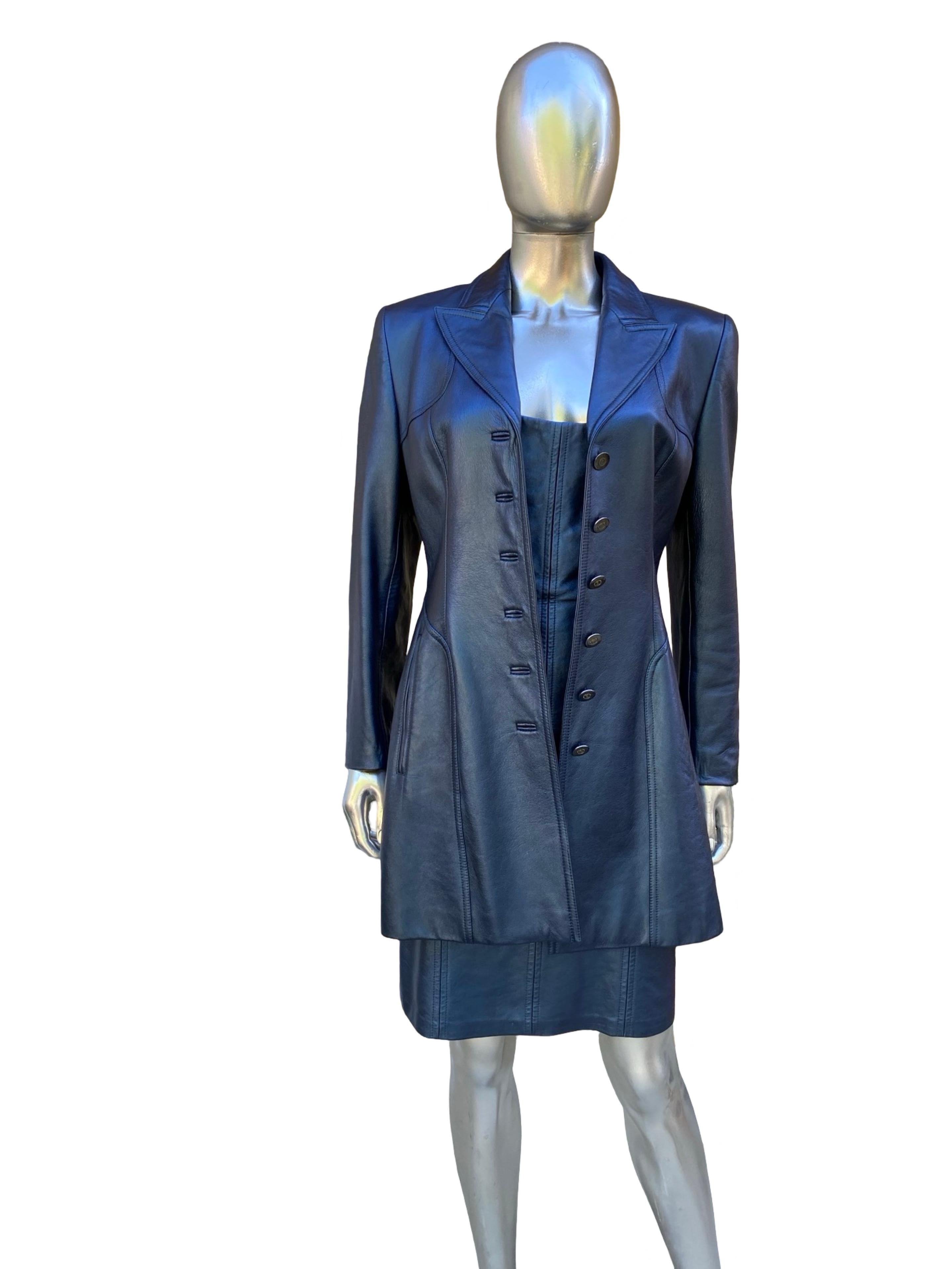 Escada Rare Blue Metallic Leather Tank Dress and Jacket Ensemble Sz 8/38 For Sale 3