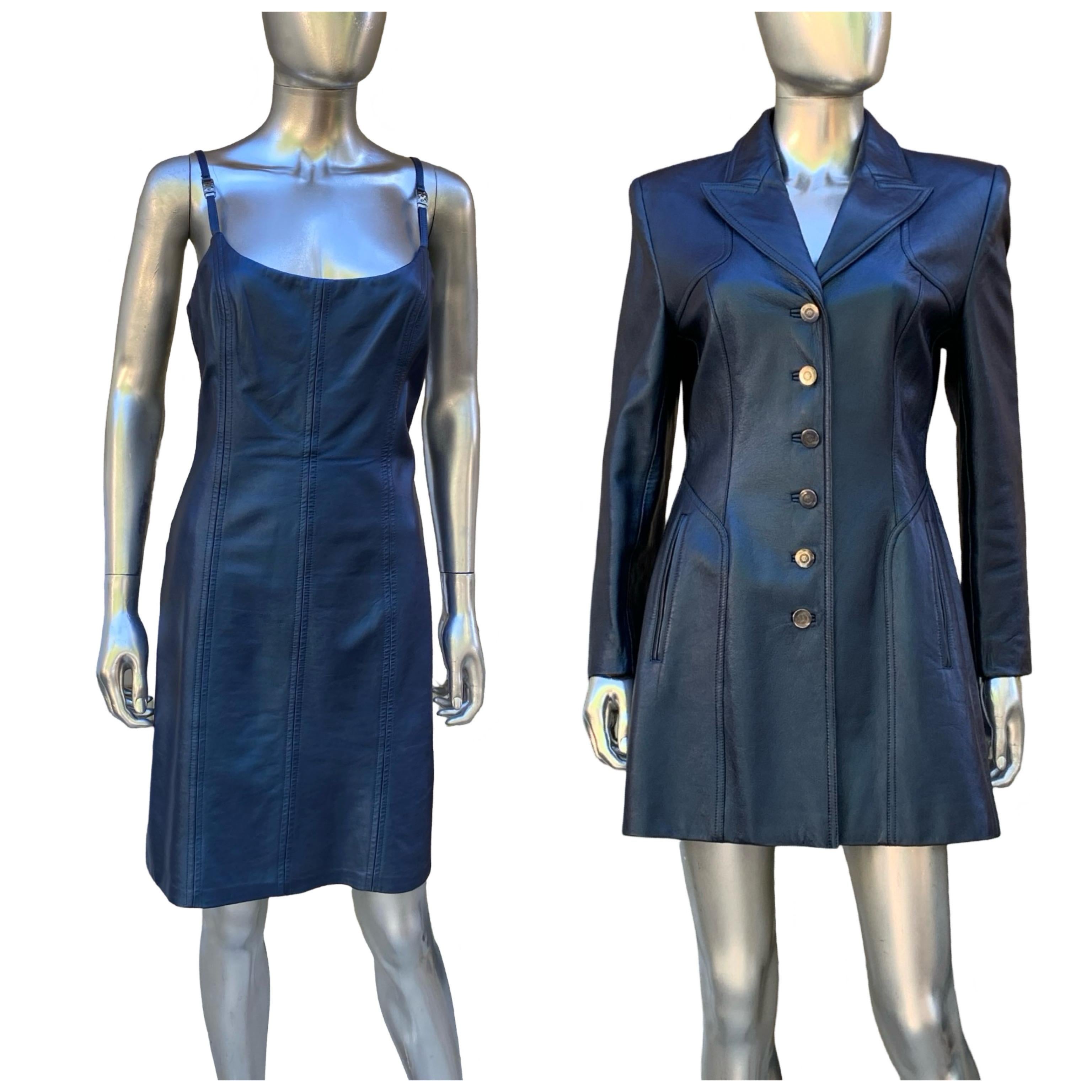 When Escada ruled Europe. Designed by Margaretha Ley. Purchased in Paris. Metallic (irridescent blue!) LEATHER. a tank dress that is as modern and sexy NOW as it was when it was designed. The dress has the iconic EE hardware (in titanium) on the