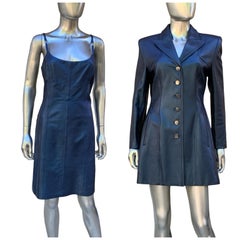 Escada Rare Blue Metallic Leather Tank Dress and Jacket Ensemble Sz 8/38