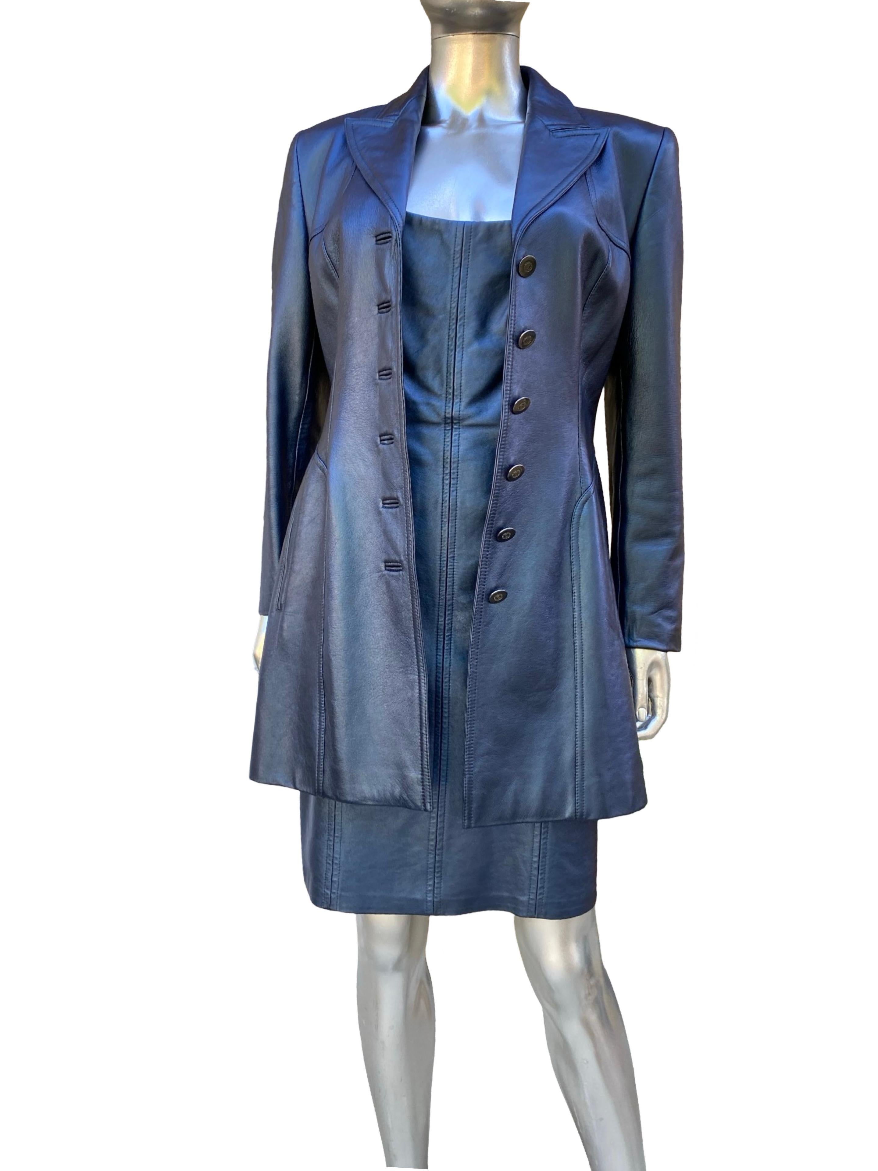 Escada Rare Blue Metallic Leather Tank Dress and Jacket Ensemble Sz 8/38 For Sale 5