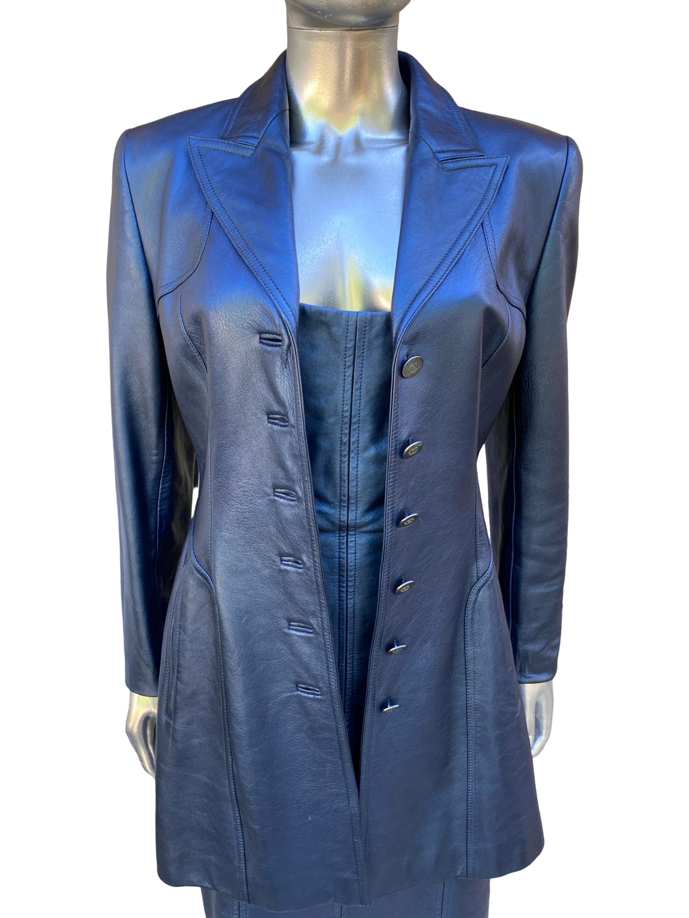 Escada Rare Blue Metallic Leather Tank Dress and Jacket Ensemble Sz 8/38 For Sale 6