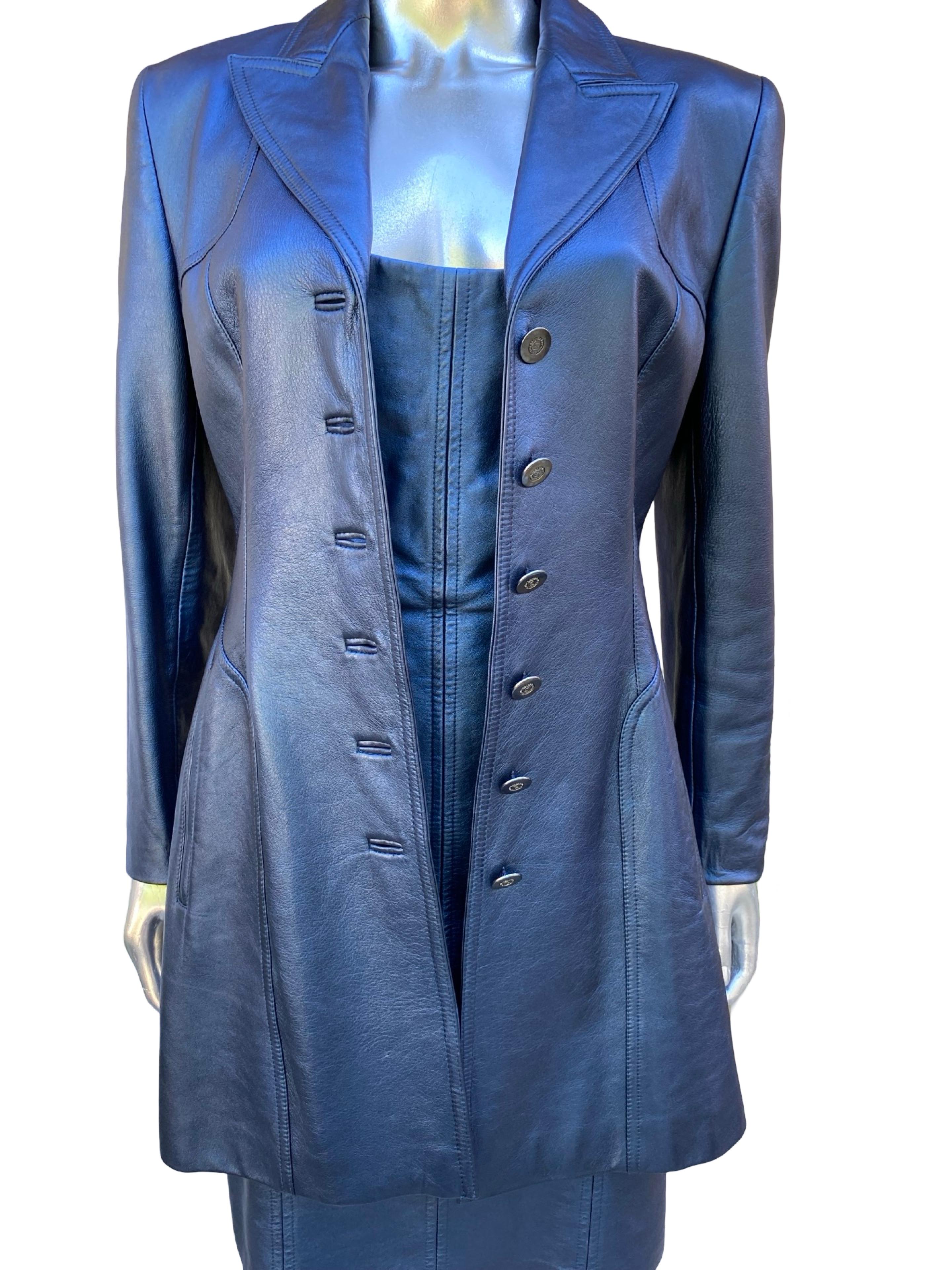 Escada Rare Blue Metallic Leather Tank Dress and Jacket Ensemble Sz 8/38 For Sale 7