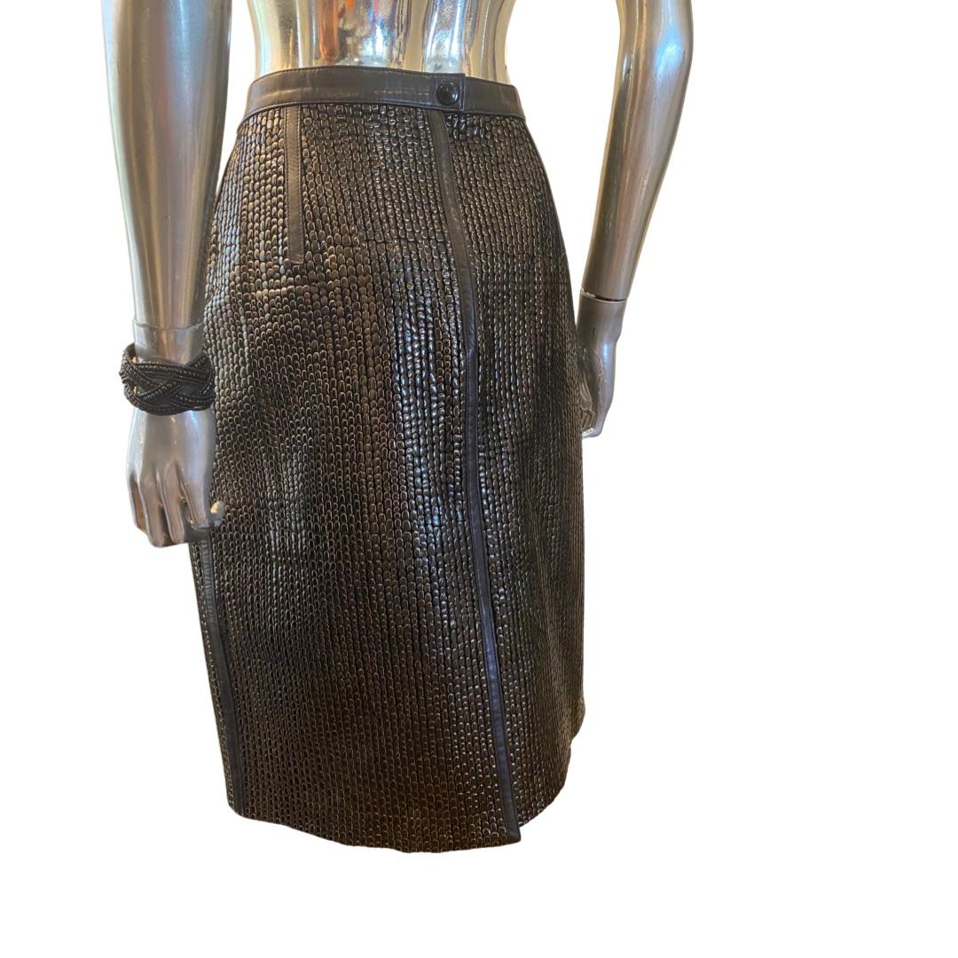 Escada Rare Leather and Gold Embossed Vintage Skirt By Margertha Ley Size 12 1
