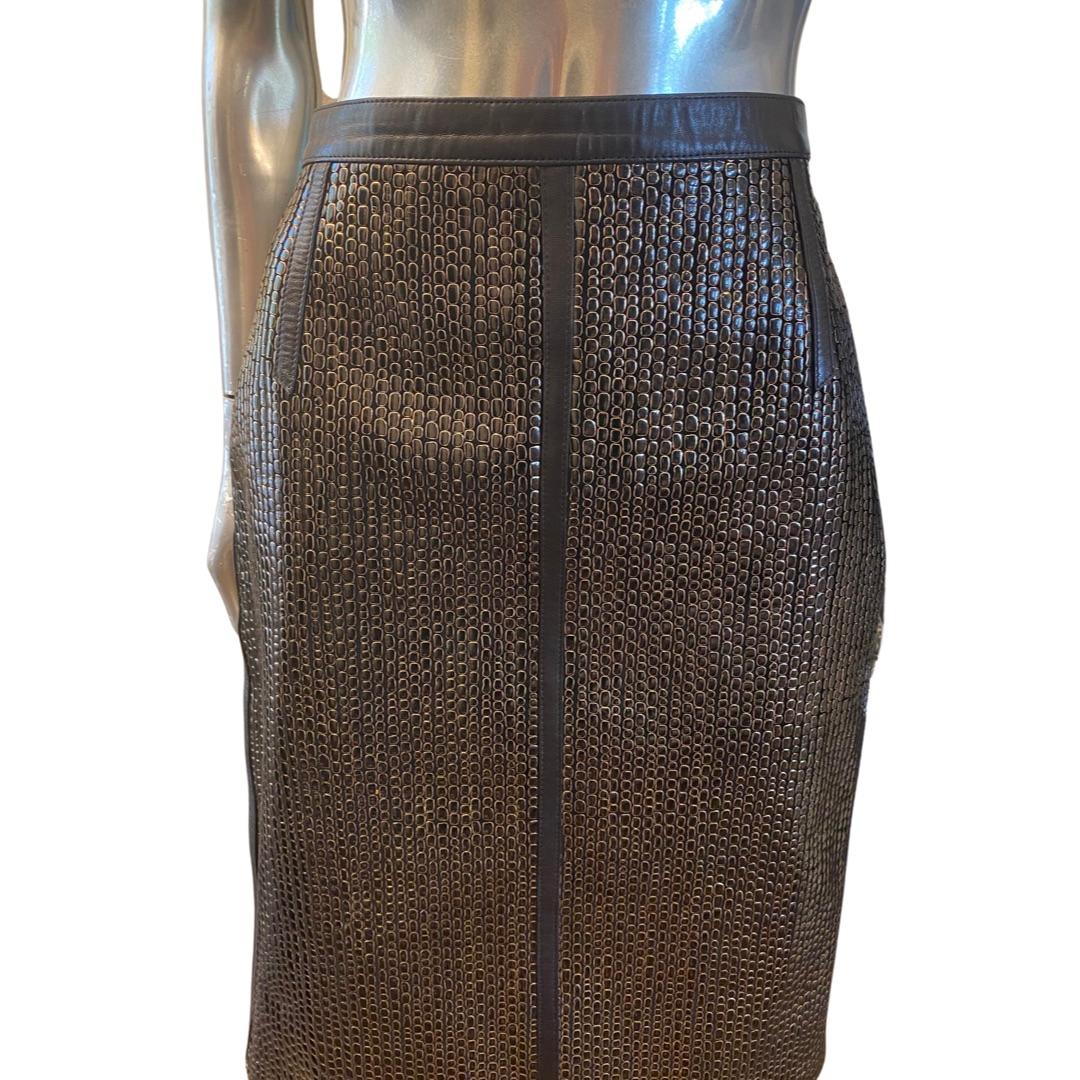 Escada Rare Leather and Gold Embossed Vintage Skirt By Margertha Ley Size 12 2