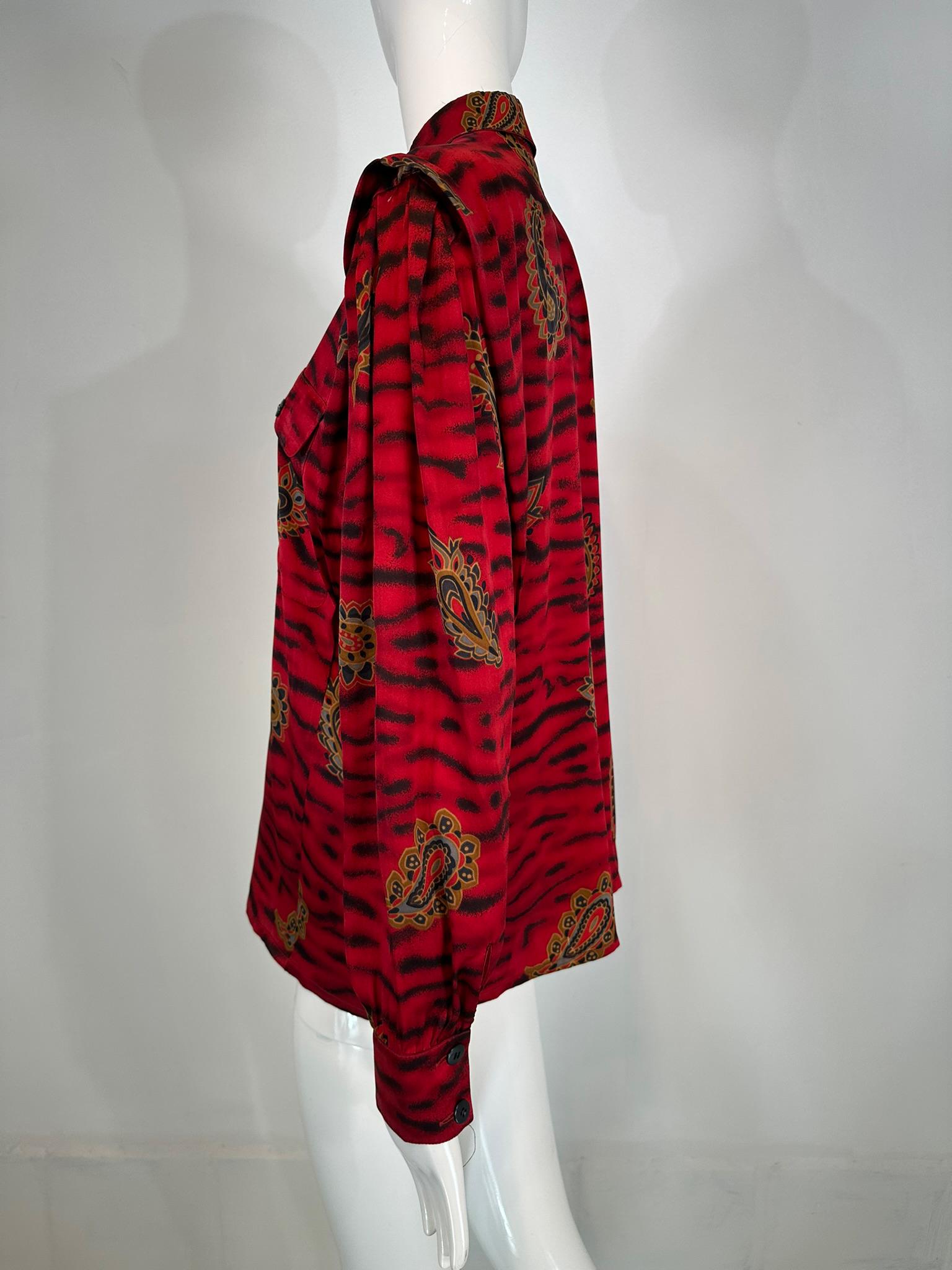 Escada Red & Black Animal Stripe Boteh Silk Print Blouse Full Gathered Shoulder For Sale 6